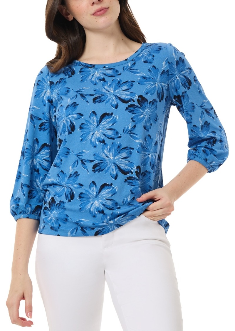 Jones New York Women's Printed Moss-Crepe 3/4-Sleeve Top - Blue Lagoon