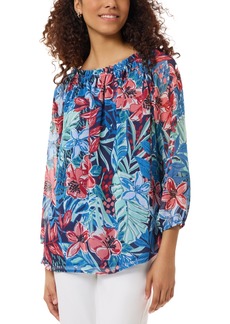 Jones New York Women's Printed Smocked-Neck Blouse - Pacific Navy