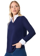 Jones New York Womens Serenity with Cotton Poplin Long Sleeve V-Neck Twofer Top - Pacific Navy