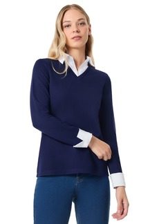 Jones New York Womens Serenity with Cotton Poplin Long Sleeve V-Neck Twofer Top - Pacific Navy