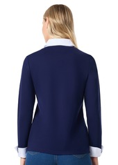 Jones New York Womens Serenity with Cotton Poplin Long Sleeve V-Neck Twofer Top - Pacific Navy