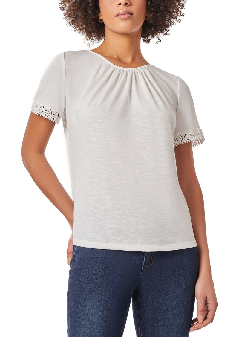 Jones New York Women's Solid Drapey Lace-Trimmed Top - NYC White