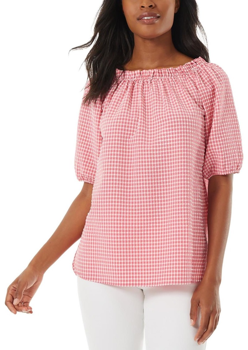 Jones New York Womens Gingham Smocked Off The Shoulder