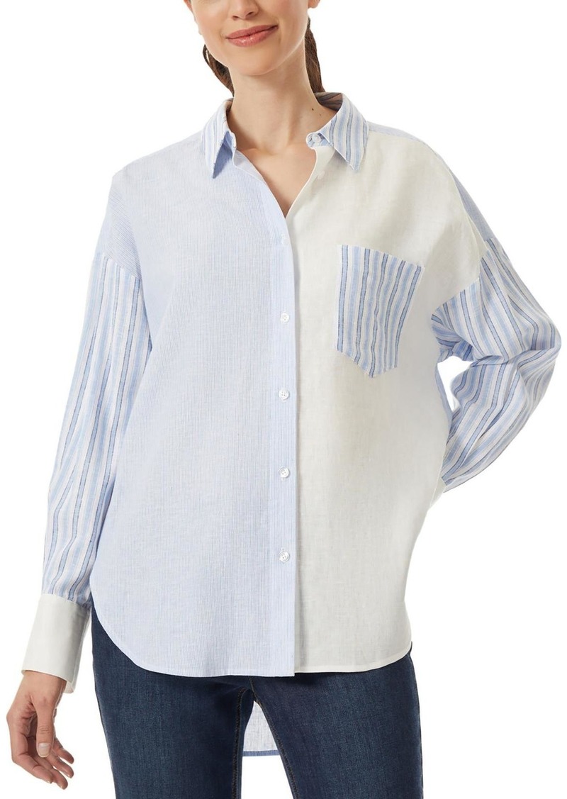 Jones New York Womens Striped Log Sleeve Button-Down Top