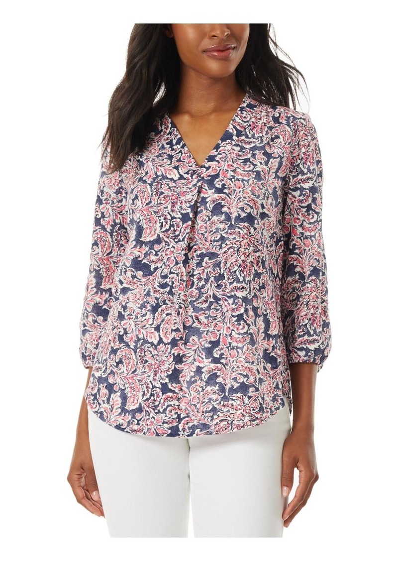 Jones New York Womens V-Neck Three-Quarter-Sleeves Blouse