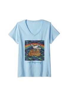 Joseph Womens New Beginnings 1955 Noah's Ark Dove of Peace Rainbow Art V-Neck T-Shirt