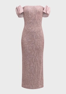 Jovani Beaded Off-Shoulder Column Midi Dress