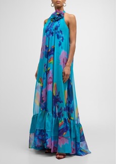 Jovani Floral-Print Halter Trapeze Gown