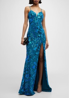 Jovani Floral Sequin Sweetheart A-Line Gown