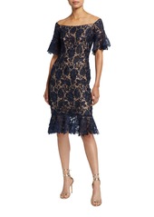 Jovani Off-the-Shoulder Bell-Sleeve Lace Flounce Dress