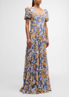 Jovani Puff-Sleeve Floral Sequin Gown