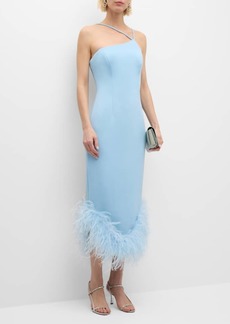 Jovani Sleeveless Asymmetric Feather-Trim Midi Dress