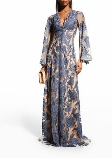 Jovani V-Neck Split-Sleeve Floral Lace Gown