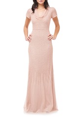 JS Collections Cowl Neck Beaded Mesh Gown