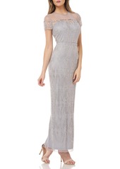 JS Collections Illusion Yoke Beaded Column Gown in Silver at Nordstrom