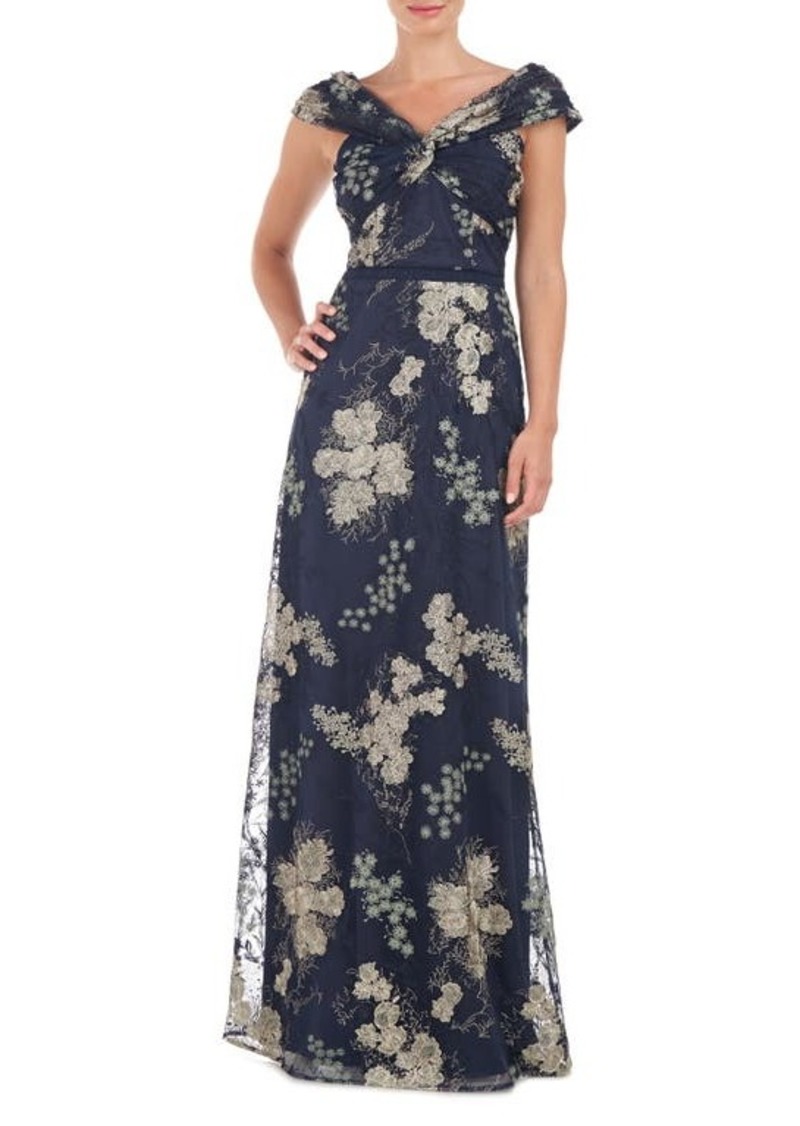 JS Collections Camilla Twist Floral Embroidered A-Line Gown