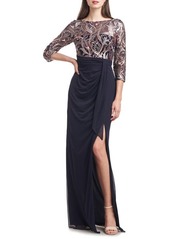JS Collections Carrie Sequin Embroidered Draped Gown
