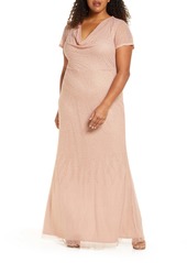 JS Collections Cowl Neck Beaded Mesh Gown (Plus Size)