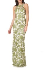 JS Collections Embroidered Halter Neck Pencil Gown in Juniper/White at Nordstrom