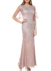 JS Collections Floral Embroidered Evening Gown in Mink/Nude at Nordstrom