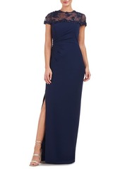 JS Collections Laney Rosette Embroidered Mesh Yoke Sheath Gown
