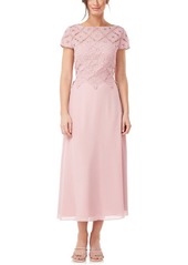 JS Collections Laura Lace & Chiffon A-Line Midi Dress in Pale Mauve at Nordstrom