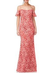 JS Collections Melody Bow Cold Shoulder Lace Trumpet Gown in Poppy Red/Rosette at Nordstrom