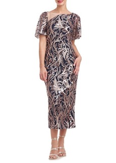 JS Collections Merlina Sequin Embroidered Cocktail Midi Dress