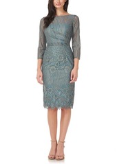 JS Collections Metallic Floral Illusion Lace Pencil Cocktail Dress in Sage Gold at Nordstrom