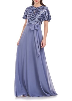 JS Collections Petra Sequin Flutter Sleeve Chiffon Gown