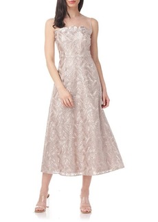 JS Collections Rosie Embroidered Midi Cocktail Dress in Silver at Nordstrom