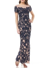 JS Collections Soutache Lace Illusion Gown in Navy Blush at Nordstrom