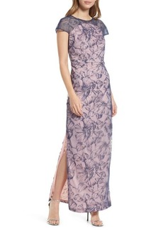 JS Collections Winnie Floral Print Column Gown in Dark Blue/Blush at Nordstrom