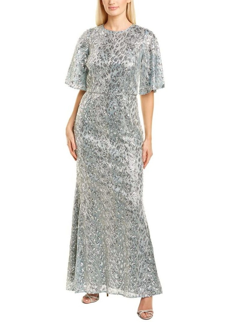 JS Collections Women's Sequin v-Neck Cape Gown with Metallic lace Overlay