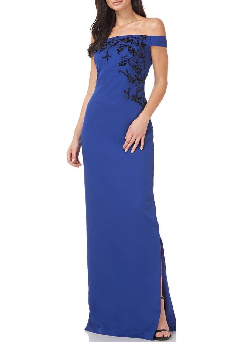 JS Collections Women's Stretch Crepe Off Shoulder Column Gown with Pearl Beading and Wearer`s Left Side Seam Skirt Slit