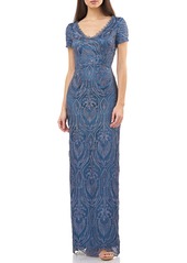 JS Collections Scalloped Lace & Satin Gown in Mineral Blue at Nordstrom
