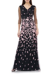 JS Collections JS Collection Floral Embroidered A-Line Gown in Blush Black at Nordstrom