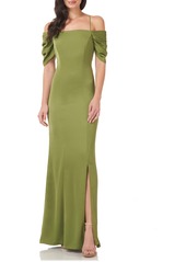 JS Collections Off the Shoulder Cascade Gown in Juniper at Nordstrom