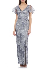 JS Collections Ruched Metallic Lace Gown in Silver Navy at Nordstrom