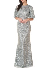 JS Collections Sequin Flutter Sleeve Trumpet Gown in Spearmint Silver at Nordstrom