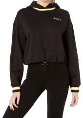 Juicy Couture Fleece Hooded Cropped Cinched Pullover With Hoodie In Black