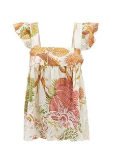 Juliet Dunn - Ruffle-strap Floral-print Cotton-voile Top - Womens - Cream Print