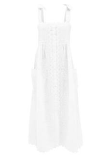 Juliet Dunn - Tie-shoulder Rickrack-trimmed Cotton Midi Dress - Womens - White