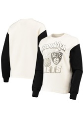 Junk Food Women's White and Black Brooklyn Nets Contrast Sleeve Pullover Sweatshirt