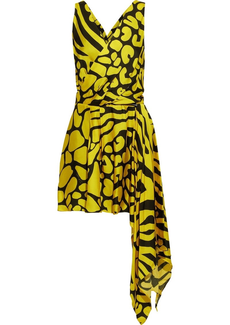 Just Cavalli Woman Asymmetric Wrap-effect Printed Satin Mini Dress Yellow