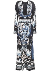 Just Cavalli Woman Pleated Printed Satin Maxi Dress Slate Blue