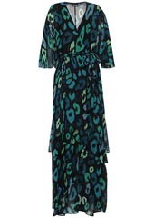 Just Cavalli Woman Wrap-effect Layered Leopard-print Chiffon Maxi Dress Dark Green