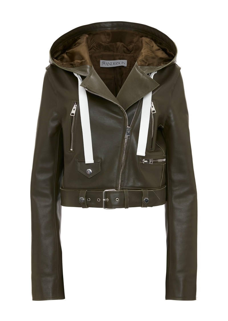 JW Anderson - Hooded Leather Moto Jacket - Green - UK 10 - Moda Operandi