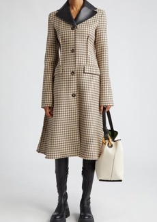 JW Anderson Check Cotton & Wool Blend A-Line Coat with Removable Leather Trim