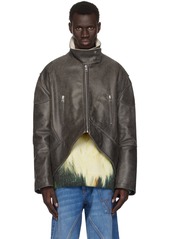 JW Anderson Gray Curved Hem High Neck Leather Jacket